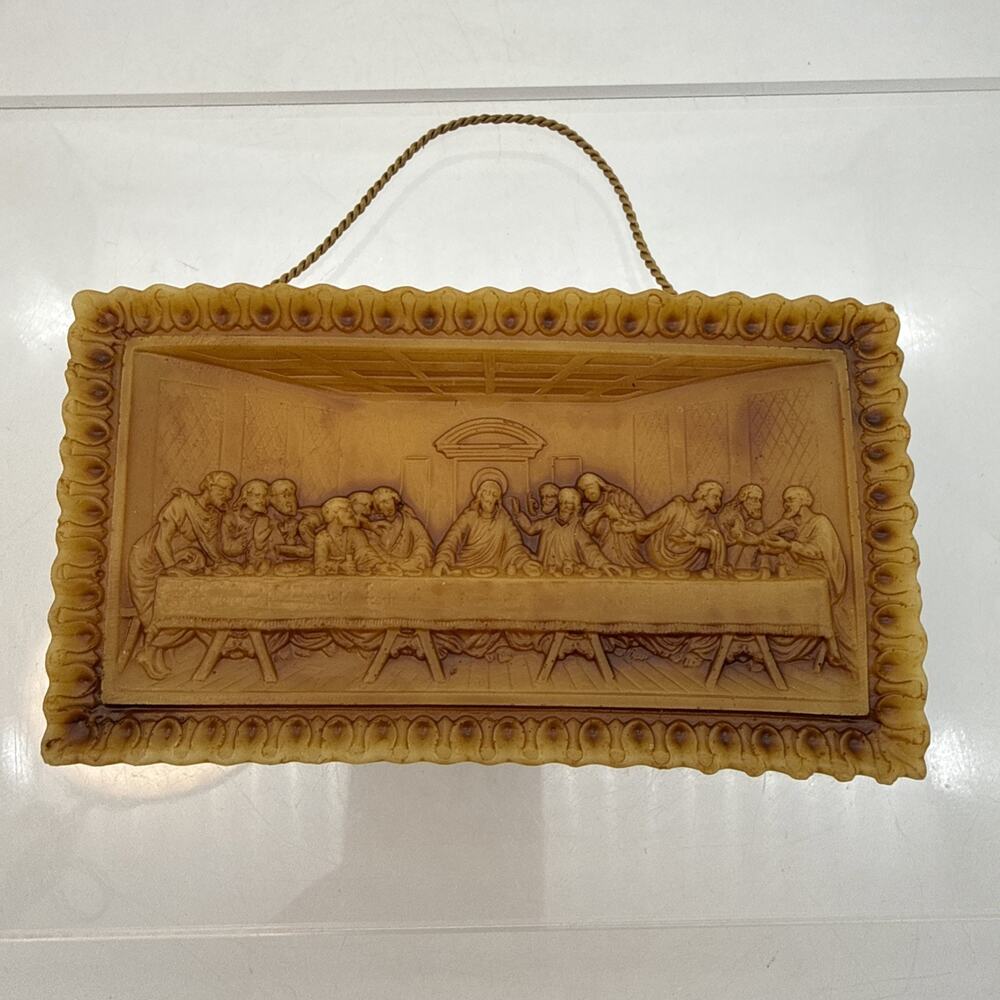 Vtg BYZANTINE MOLDED Gold WAX ICON Christianity Art Plaque Greek The Last Supper
